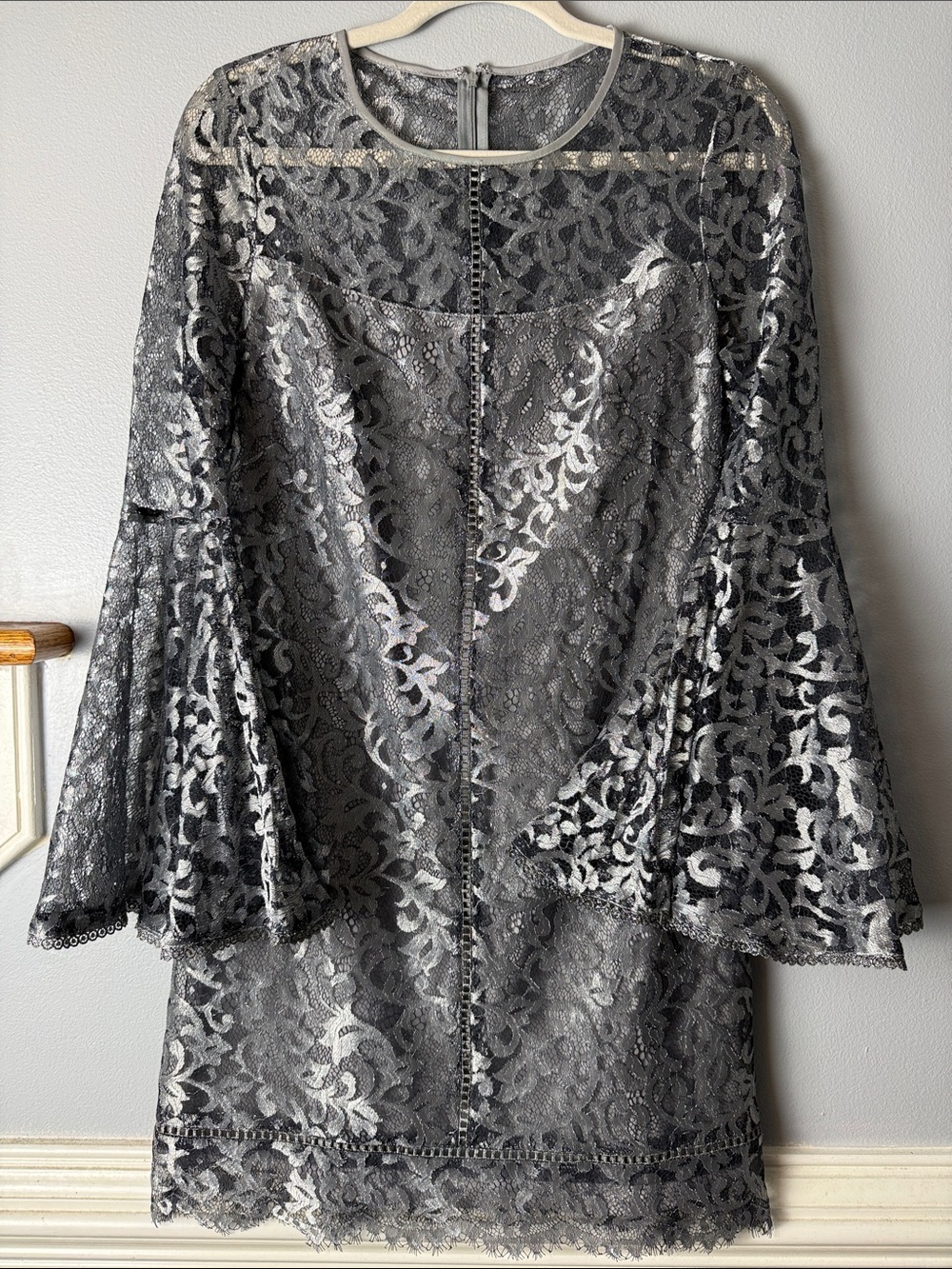 Womens Silver Lace Bell-Sleeve Skirt